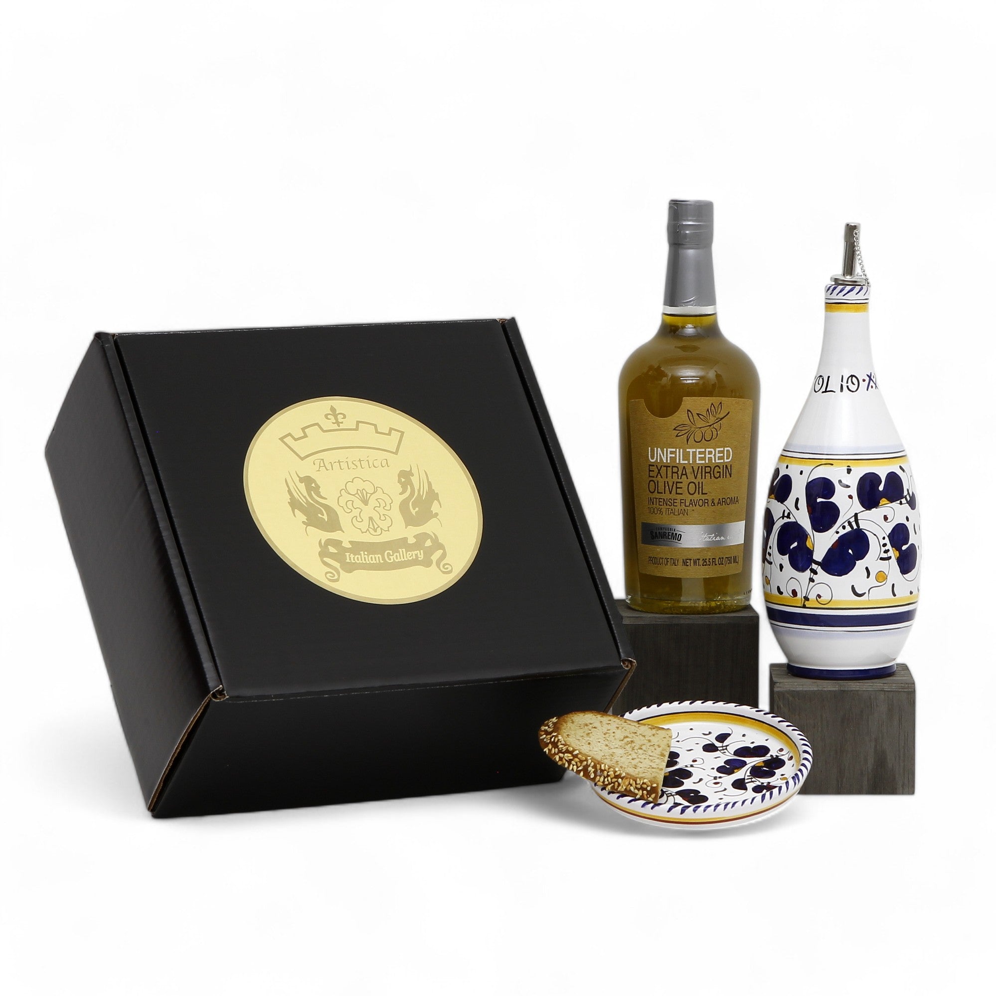 GIFT BOX: With Deruta Olive Oil Dispenser + Saucer/Dipping Bowl + EVOO bottle - ORVIETO BLUE  design