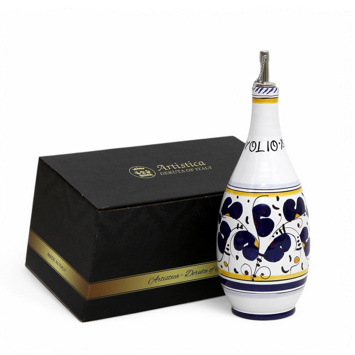 GIFT BOX: With authentic Deruta hand painted ceramic - OLIVE OIL DISPENSER BOTTLE Blue Rooster Design