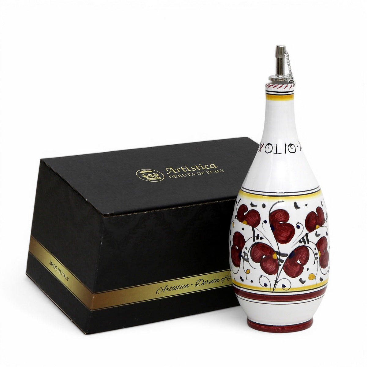 GIFT BOX: With authentic Deruta hand painted ceramic - OLIVE OIL DISPENSER BOTTLE Red Rooster Design