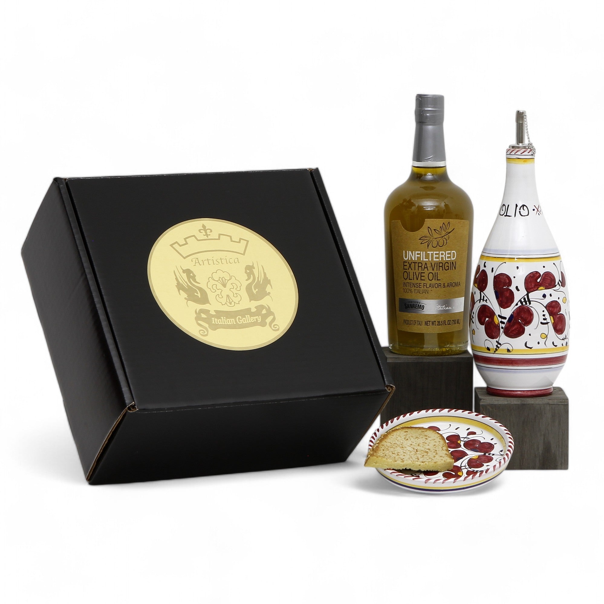 GIFT BOX: With Deruta Olive Oil Dispenser + Saucer/Dipping Bowl + EVOO bottle - ORVIETO RED  design