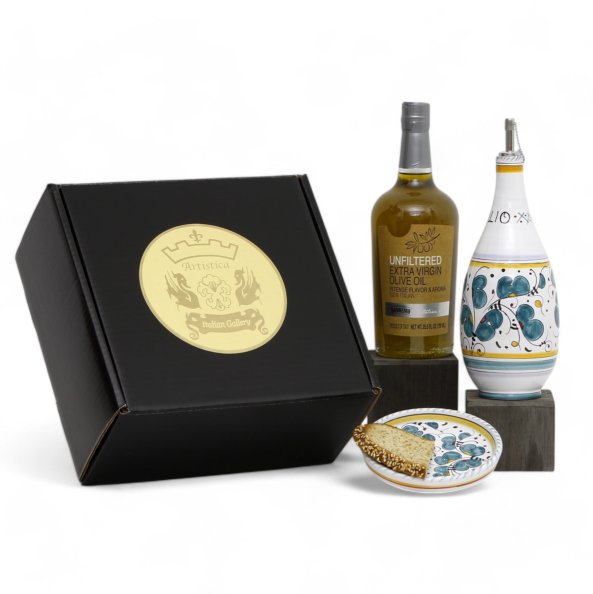 GIFT BOX: With Deruta Olive Oil Dispenser + Saucer/Dipping Bowl + EVOO bottle - ORVIETO GREEN design