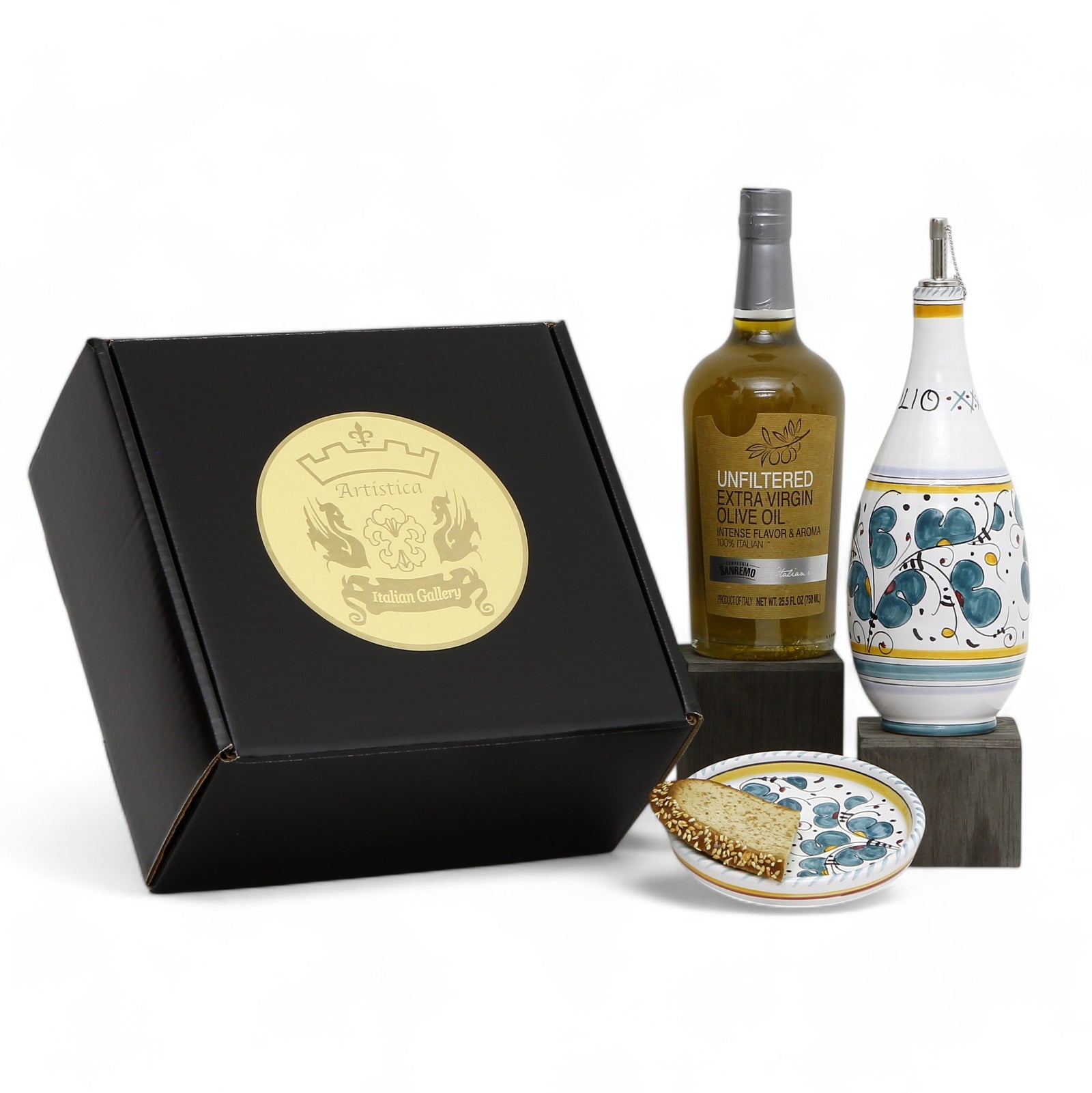 GIFT BOX: With Deruta Olive Oil Dispenser + Saucer/Dipping Bowl + EVOO bottle - ORVIETO GREEN design