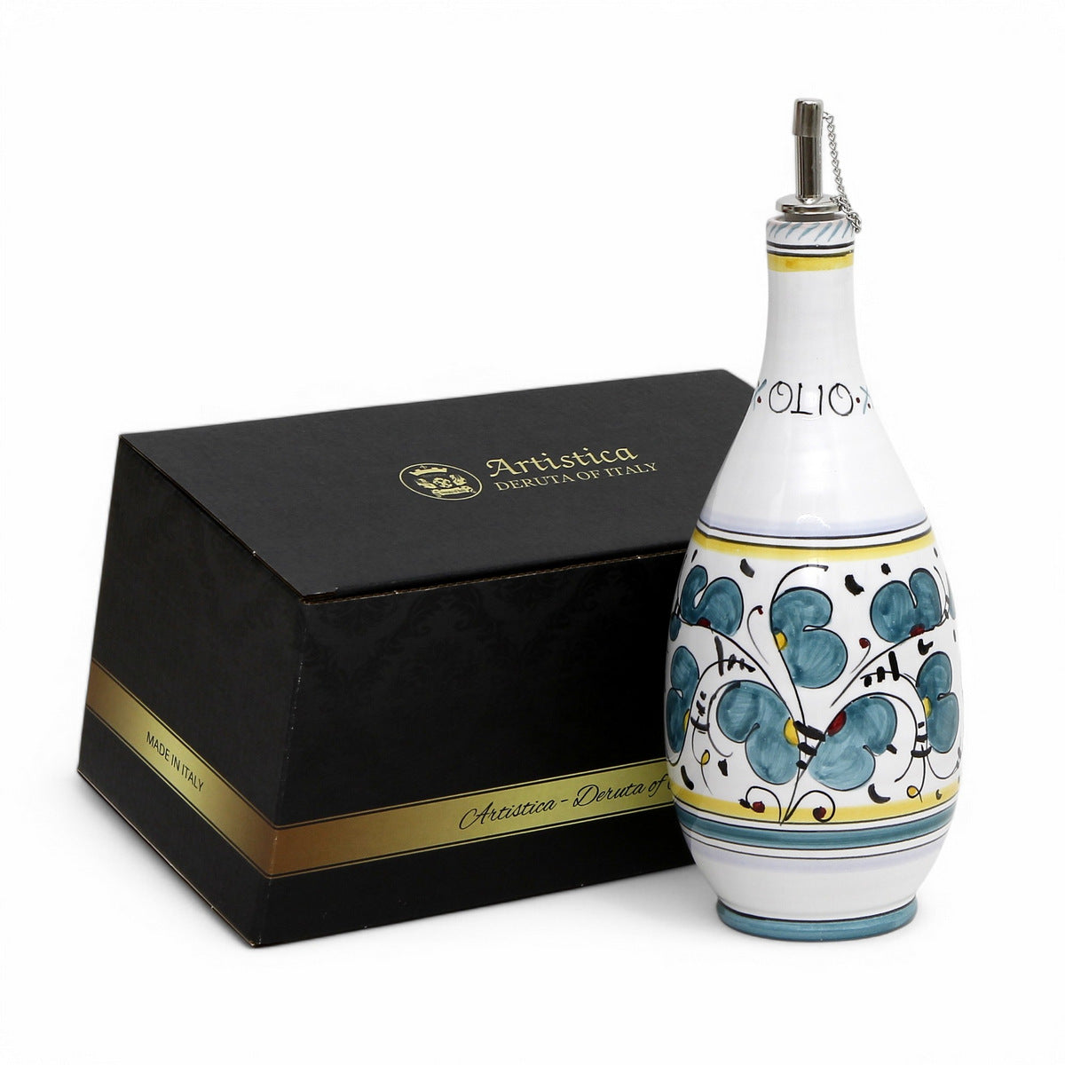 GIFT BOX: With authentic Deruta hand painted ceramic - OLIVE OIL DISPENSER BOTTLE Green Rooster Design