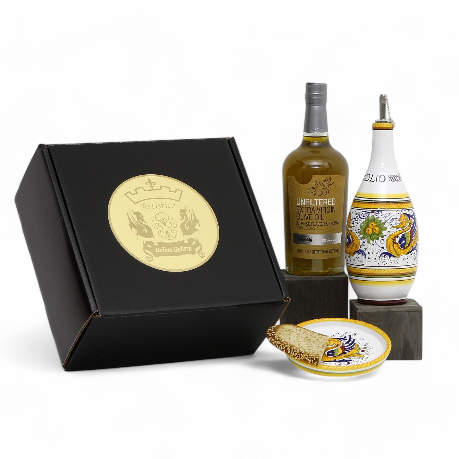 GIFT BOX: With Deruta Olive Oil Dispenser + Saucer/Dipping Bowl + EVOO bottle - RAFFAELLESCO design