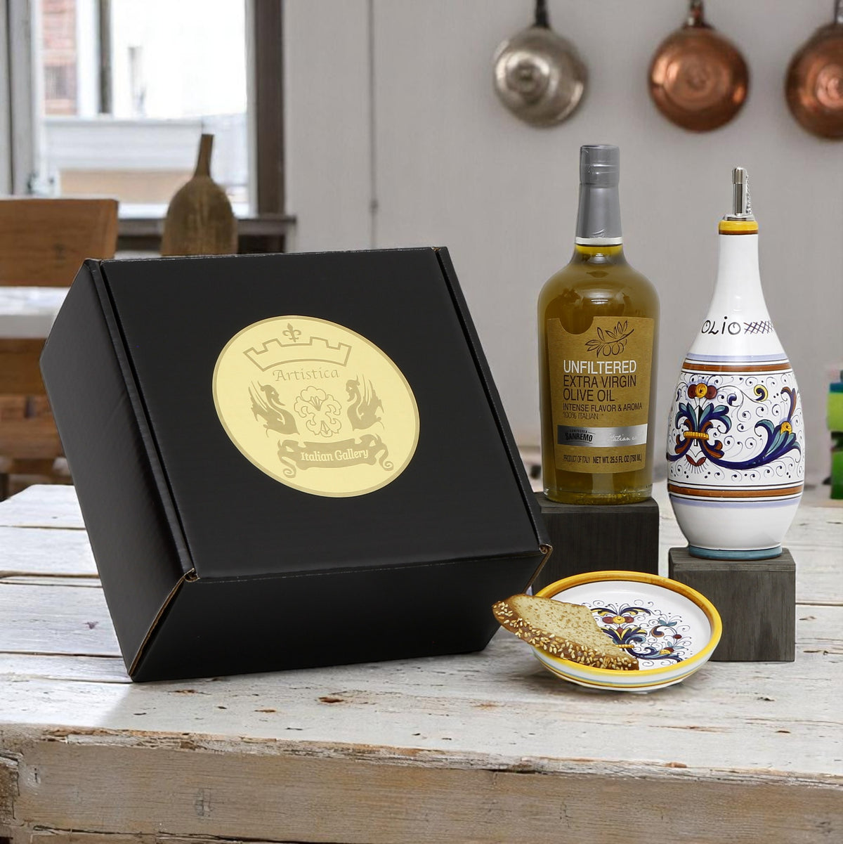 GIFT BOX: With Deruta Olive Oil Dispenser + Saucer/Dipping Bowl + EVOO bottle - RICCO DERUTA design