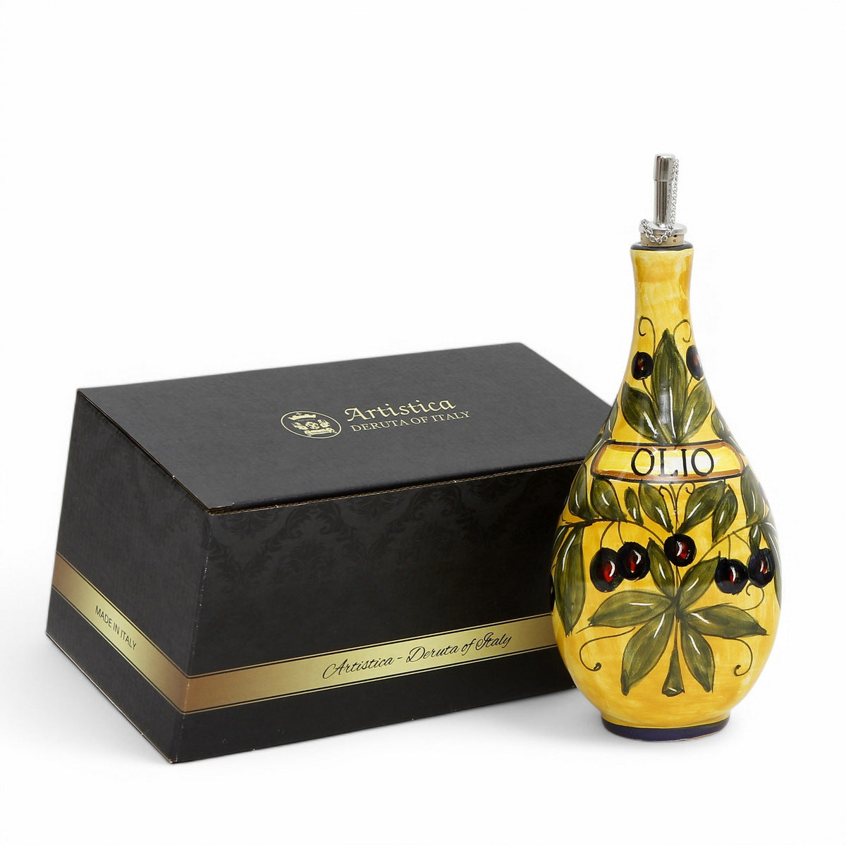 GIFT BOX: With authentic Deruta hand painted ceramic - OLIVE OIL DISPENSER BOTTLE Bucciato Olivo Design