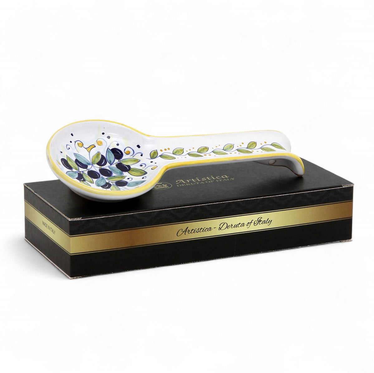 GIFT BOX GOLD LOGO: With authentic Deruta hand painted ceramic - DERUTA: Spoon rest OLIVE