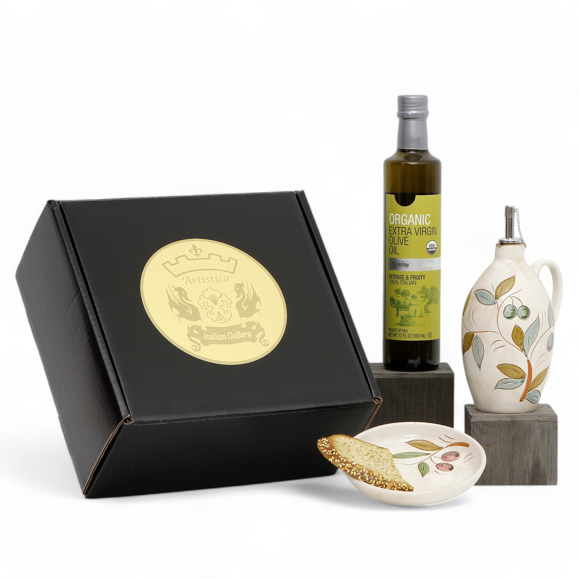 GIFT BOX: With Deruta Olive Oil Dispenser + Saucer/Dipping Bowl + EVOO bottle - DERUTA OLIVE COLORI design