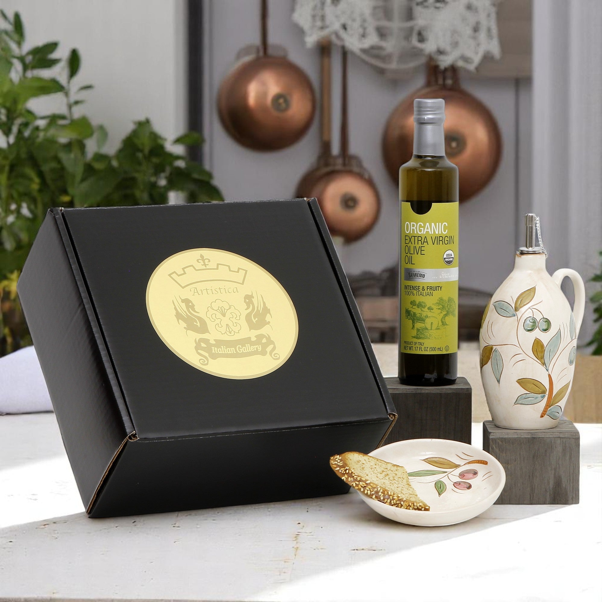 GIFT BOX: With Deruta Olive Oil Dispenser + Saucer/Dipping Bowl + EVOO bottle - DERUTA OLIVE COLORI design
