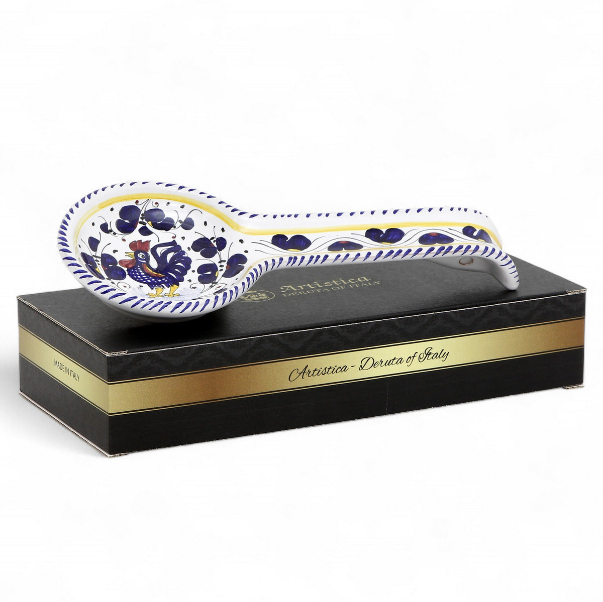 GIFT BOX: With authentic Deruta hand painted ceramic - ORVIETO BLUE ROOSTER: Spoon rest