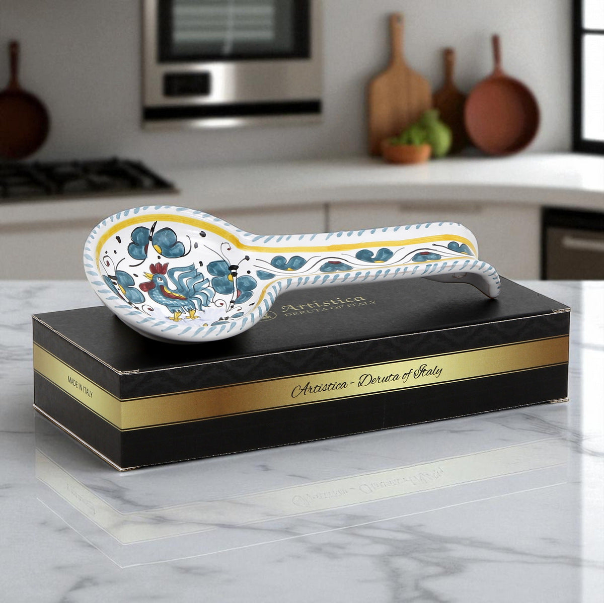 GIFT BOX: With authentic Deruta hand painted ceramic - ORVIETO GREEN ROOSTER: Spoon rest
