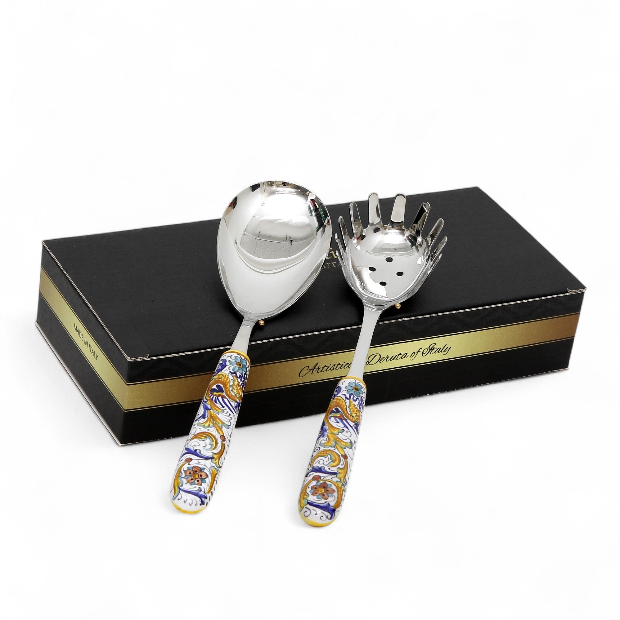 GIFT BOX: GIFT BOX: Ceramic Handle Serving Utensils Set - Spaghetti Tong and Risotto Spoon Ladle with 18/10 stainless steel cutlery - Raffellesco design
