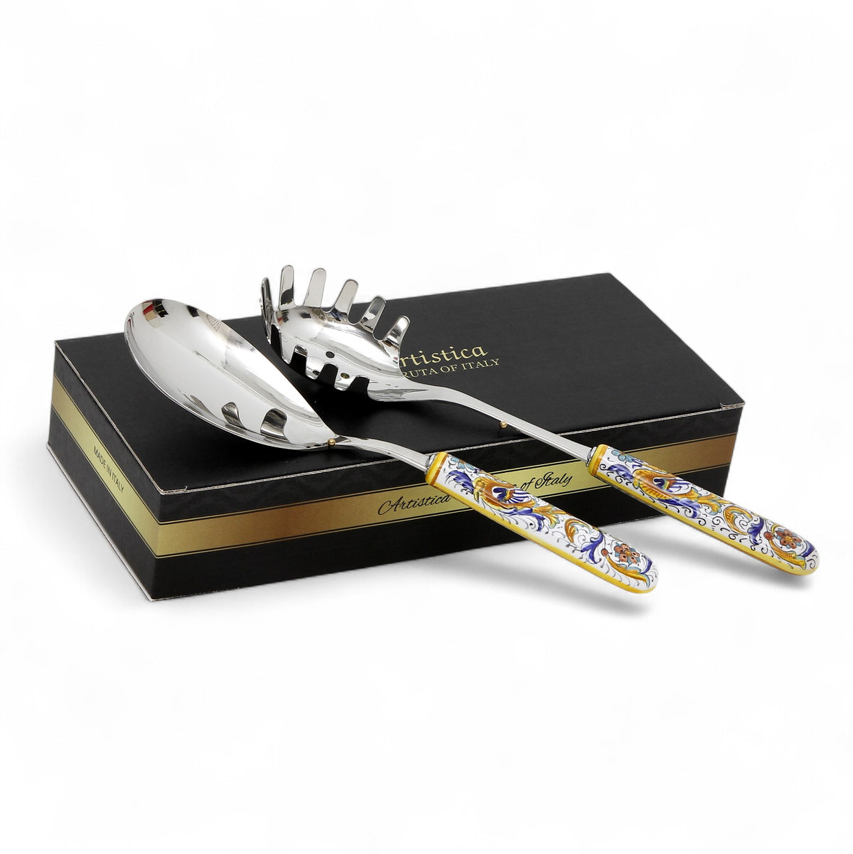 GIFT BOX: GIFT BOX: Ceramic Handle Serving Utensils Set - Spaghetti Tong and Risotto Spoon Ladle with 18/10 stainless steel cutlery - Raffellesco design
