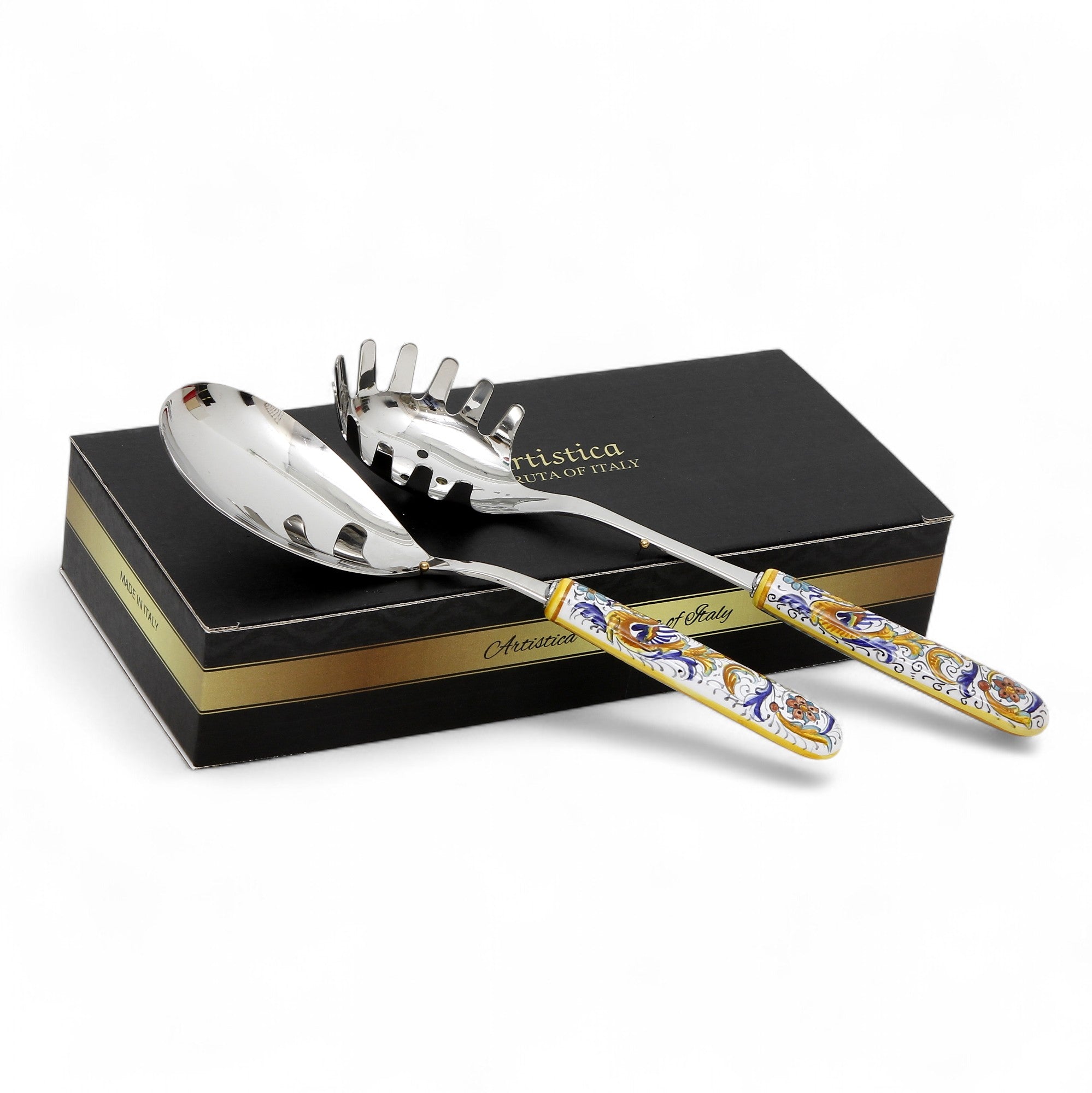 GIFT BOX: GIFT BOX: Ceramic Handle Serving Utensils Set - Spaghetti Tong and Risotto Spoon Ladle with 18/10 stainless steel cutlery - Raffellesco design
