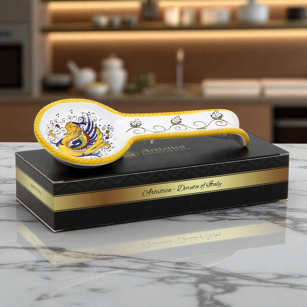 GIFT BOX GOLD LOGO: With authentic Deruta hand painted ceramic - RAFFAELLESCO: Spoon rest