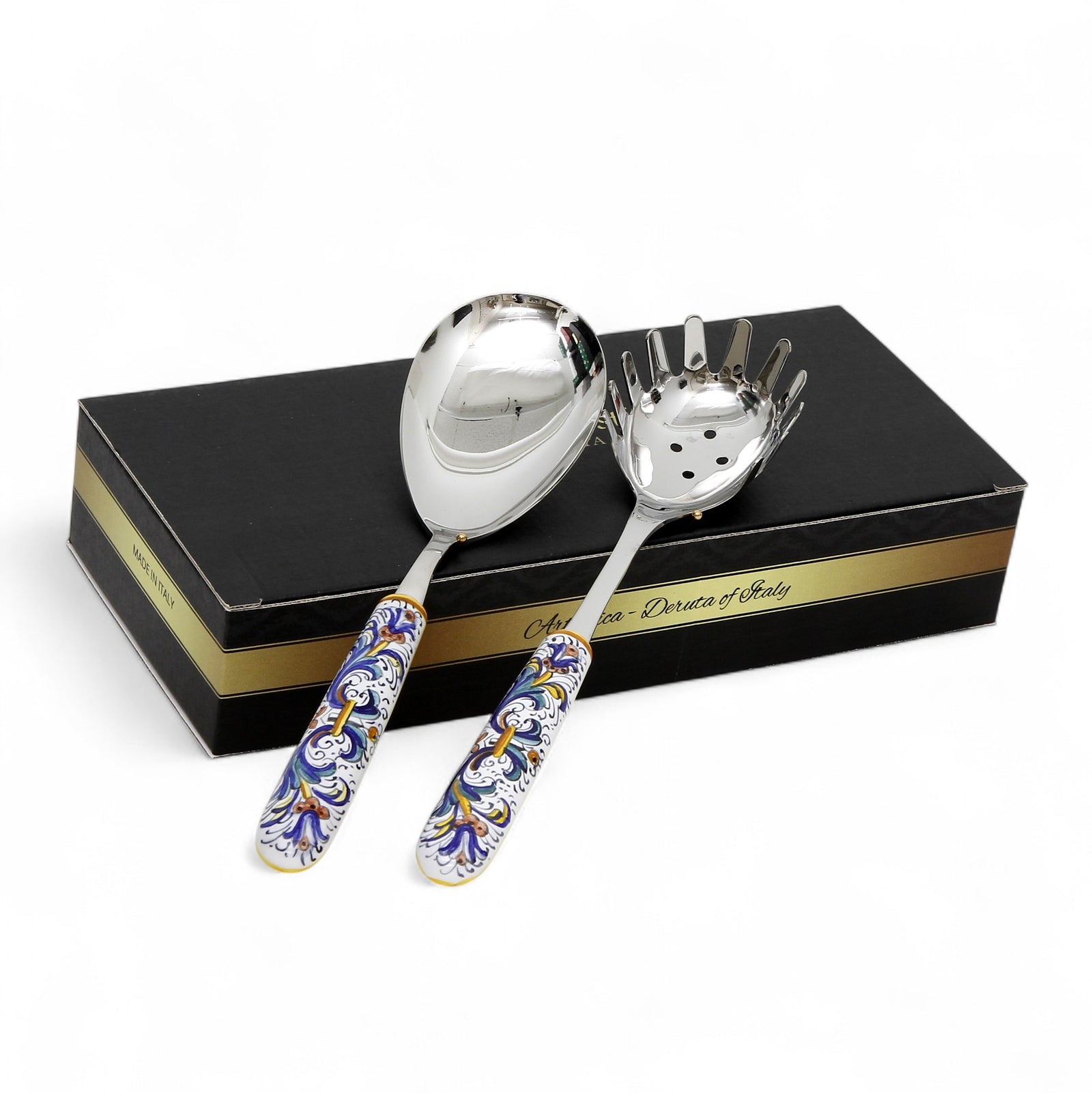 GIFT BOX: Ceramic Handle Serving Utensils Set - Spaghetti Tong and Risotto Spoon Ladle with 18/10 stainless steel cutlery - Ricco Deruta design
