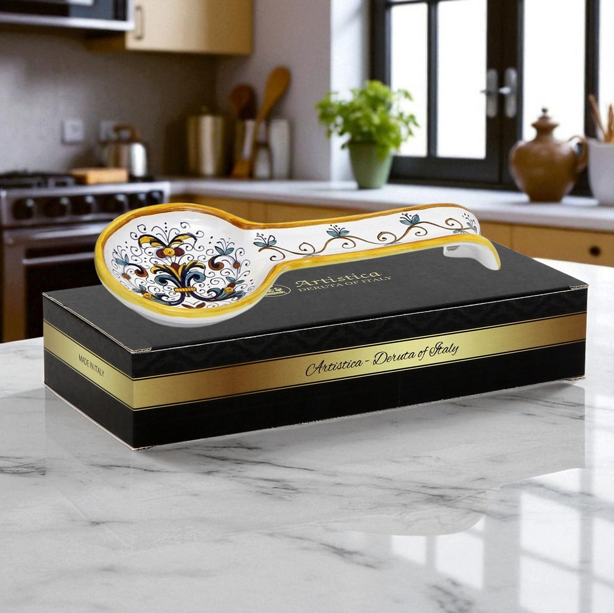 GIFT BOX GOLD LOGO: With authentic Deruta hand painted ceramic - RICCO DERUTA: Spoon rest