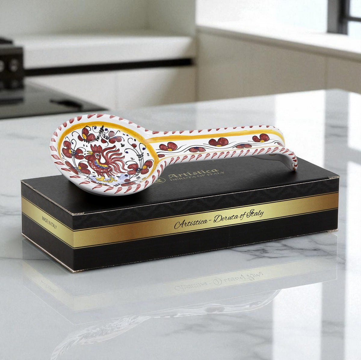 GIFT BOX: With authentic Deruta hand painted ceramic - ORVIETO RED ROOSTER: Spoon rest