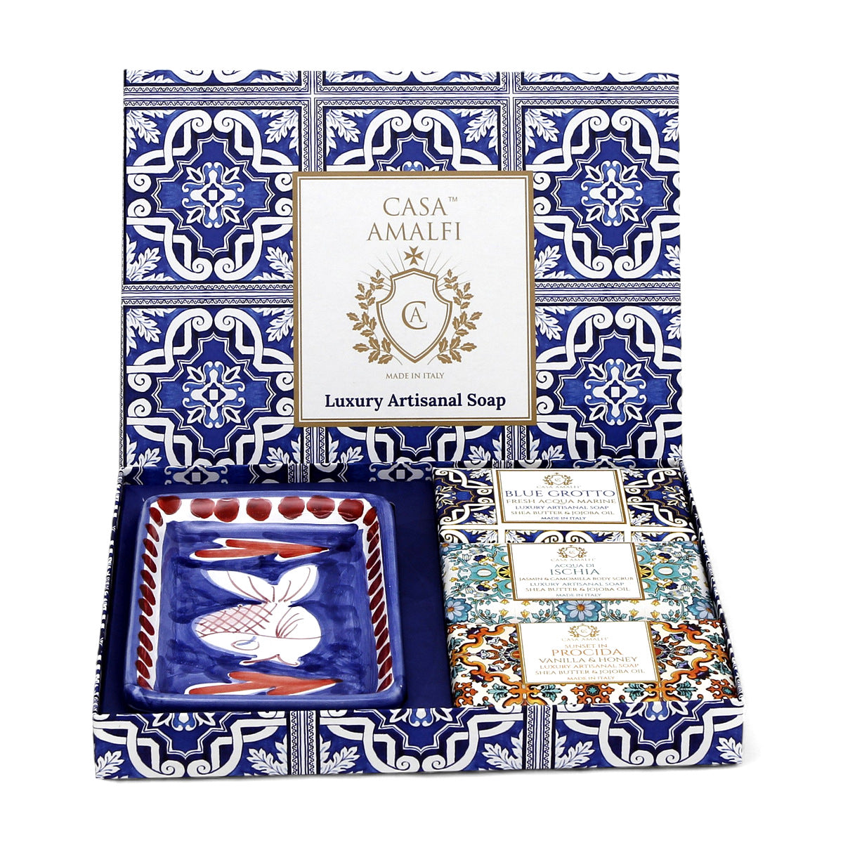 CASA AMALFI SOAPS: Scented Soap Bars with ceramic soap dish FISH - Blue Majolica Set