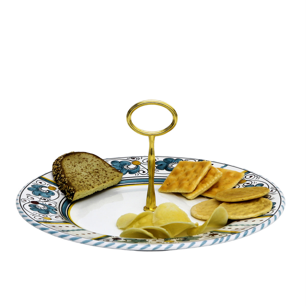 ORVIETO GREEN ROOSTER: Tid Bit Server Plate with Golden or Chrome Oval Metal Handle - tops-selection.shop