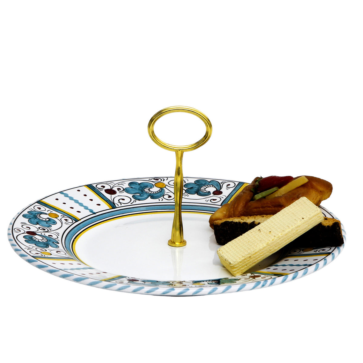 ORVIETO GREEN ROOSTER: Tid Bit Server Plate with Golden or Chrome Oval Metal Handle - tops-selection.shop