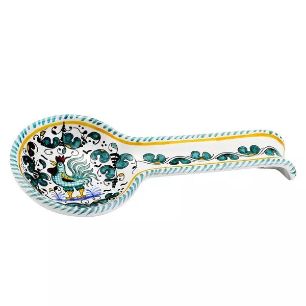 GIFT BOX: With authentic Deruta hand painted ceramic - ORVIETO GREEN ROOSTER: Spoon rest