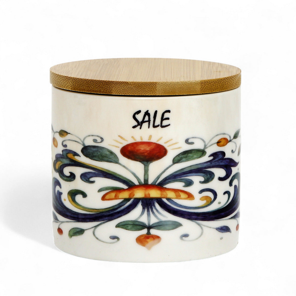 RICCO ITALIA DERUTA: Porcelain storage short jar with sealing bamboo lid Ricco Italia Deruta SALT or SALE script- Mario Bruno Design