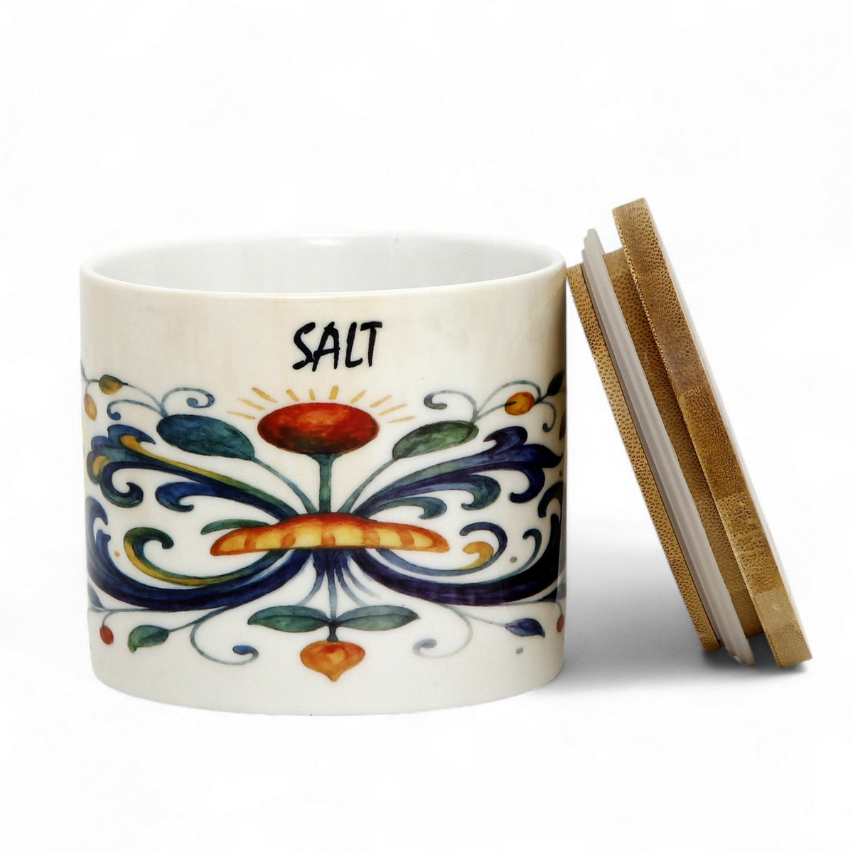 RICCO ITALIA DERUTA: Porcelain storage short jar with sealing bamboo lid Ricco Italia Deruta SALT or SALE script- Mario Bruno Design