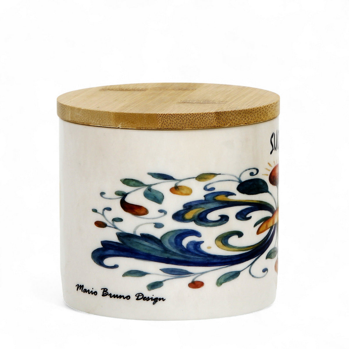 RICCO ITALIA DERUTA: Porcelain storage short jar with sealing bamboo lid Ricco Italia Deruta SUGAR or ZUCCHERO script- Mario Bruno Design