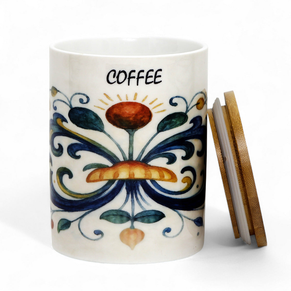 RICCO ITALIA DERUTA: Porcelain storage tall storage jar with sealing bamboo lid Ricco Italia Deruta 'COFFEE or CAFFE''