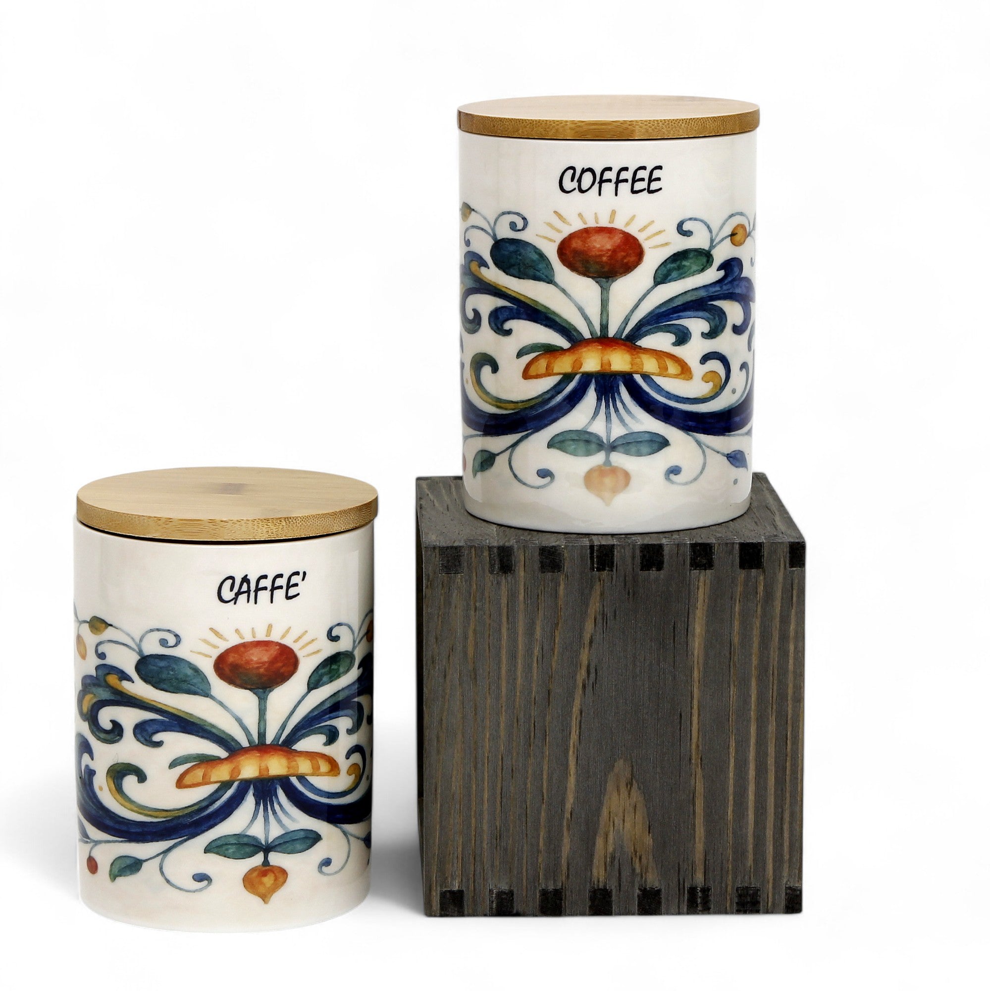 RICCO ITALIA DERUTA: Porcelain storage tall storage jar with sealing bamboo lid Ricco Italia Deruta 'COFFEE or CAFFE''