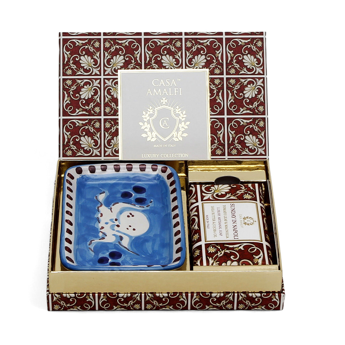 CASA AMALFI SOAPS: Scented Soap Bar with ceramic soap dish - Sunday in Napoli Maiolica Gift Box