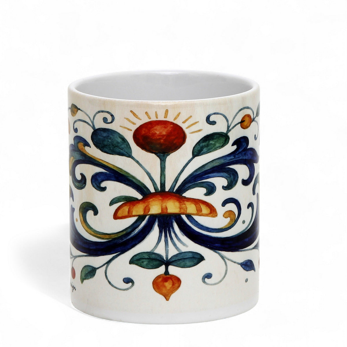 RICCO ITALIA DERUTA: Porcelain mug featuring Ricco Italia Deruta design by Mario Bruno.