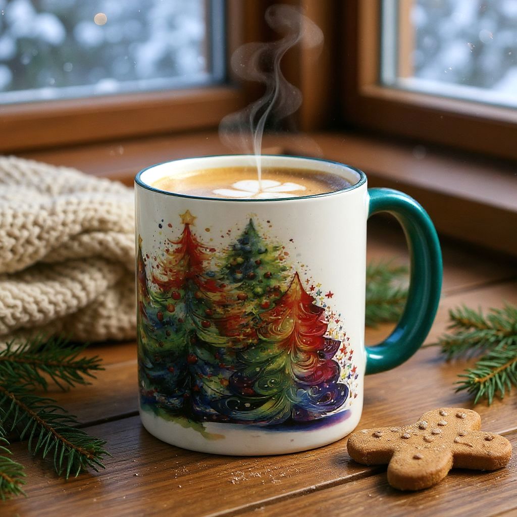 SUBLIMART: Designer Christmas Ceramic Deluxe Mug - Red, Green and White Handles (11 Oz.)