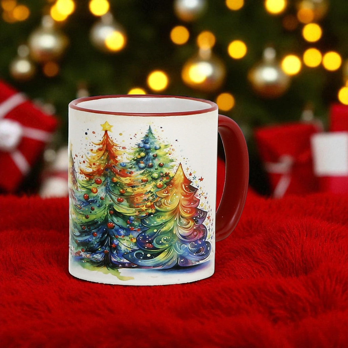SUBLIMART: Designer Christmas Ceramic Deluxe Mug - Red, Green and White Handles (11 Oz.)