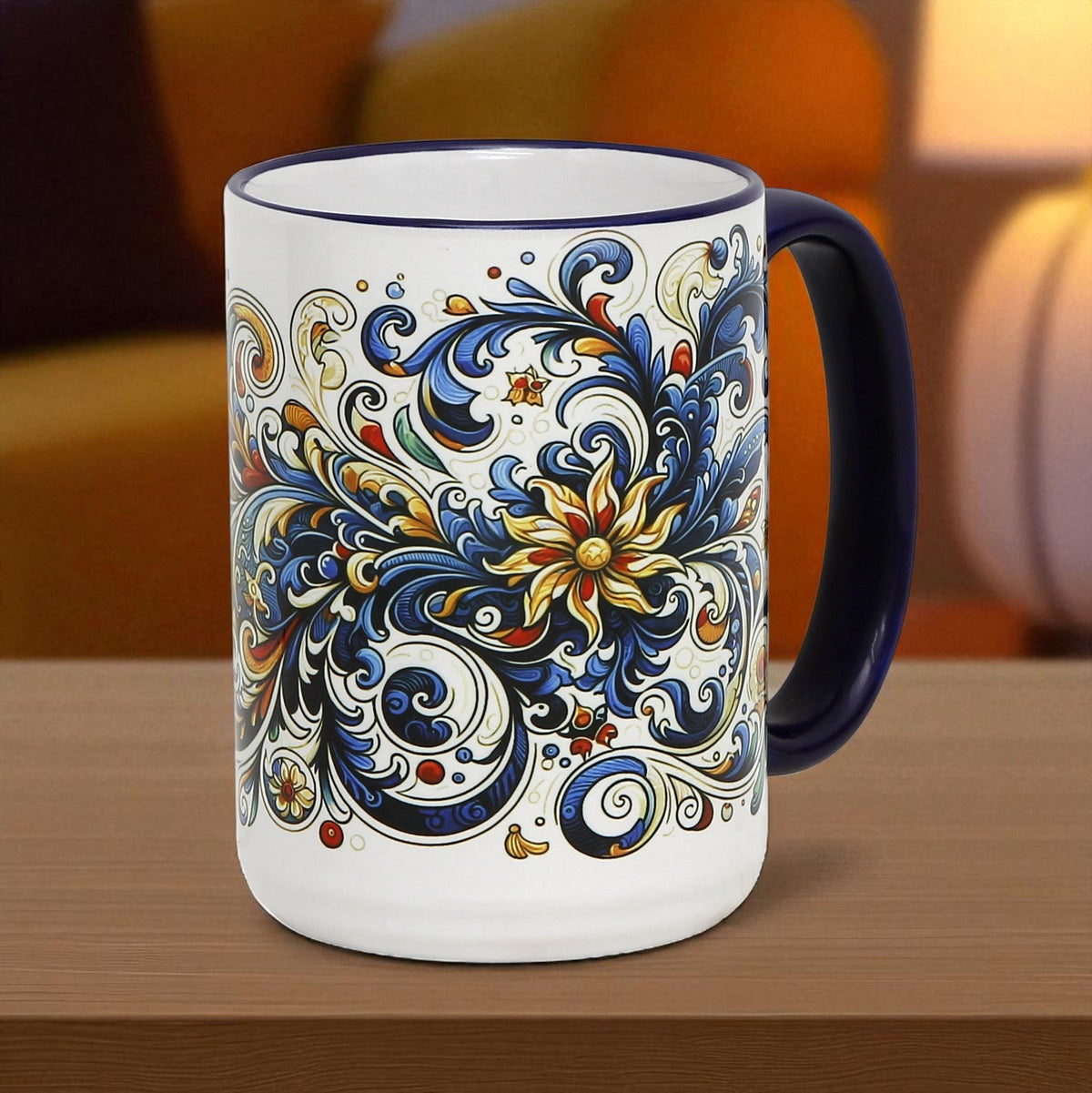 SUBLIMART: Baroque Blue Floral 15 oz Porcelain Mug
