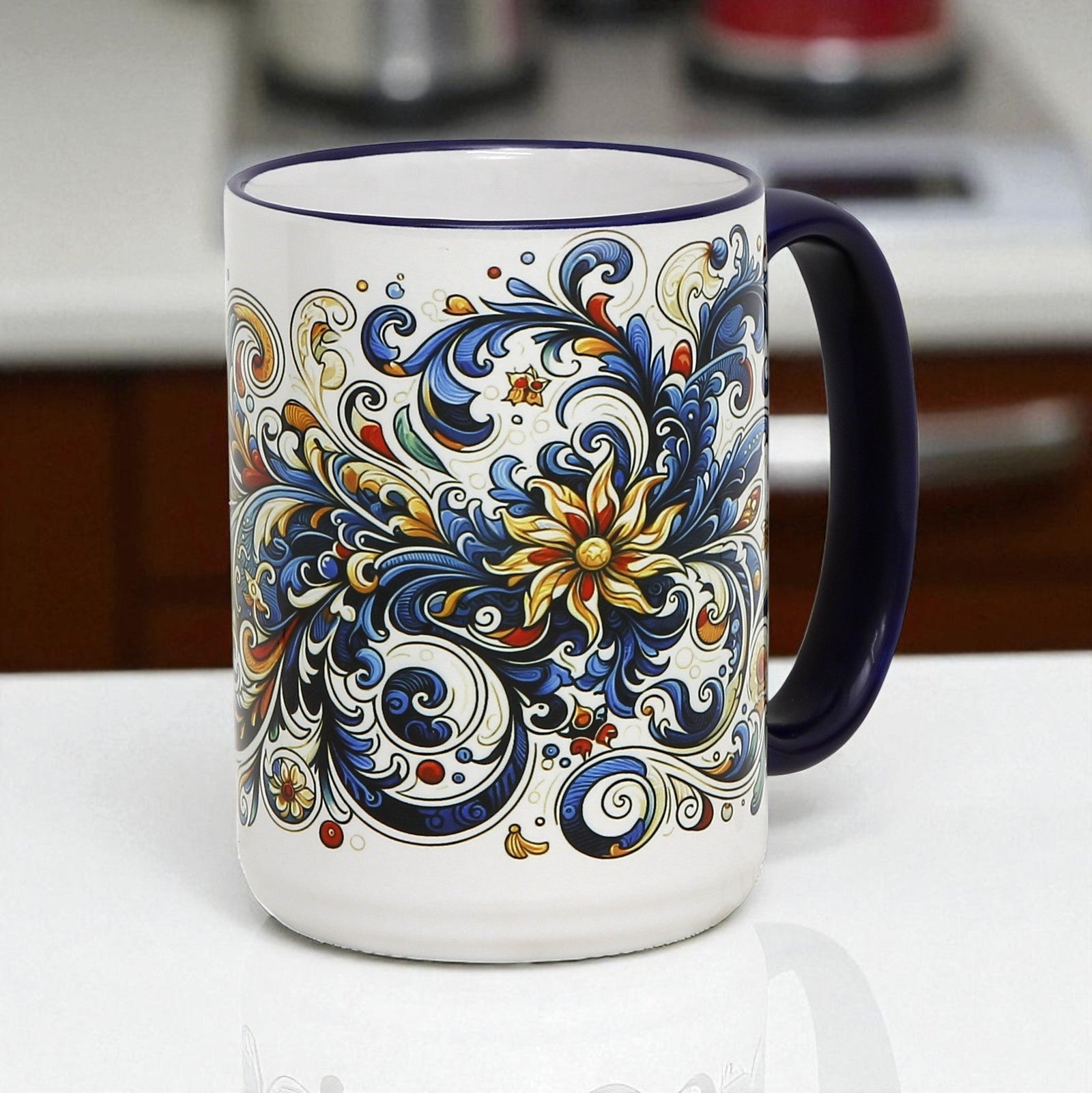 SUBLIMART: Baroque Blue Floral 15 oz Porcelain Mug