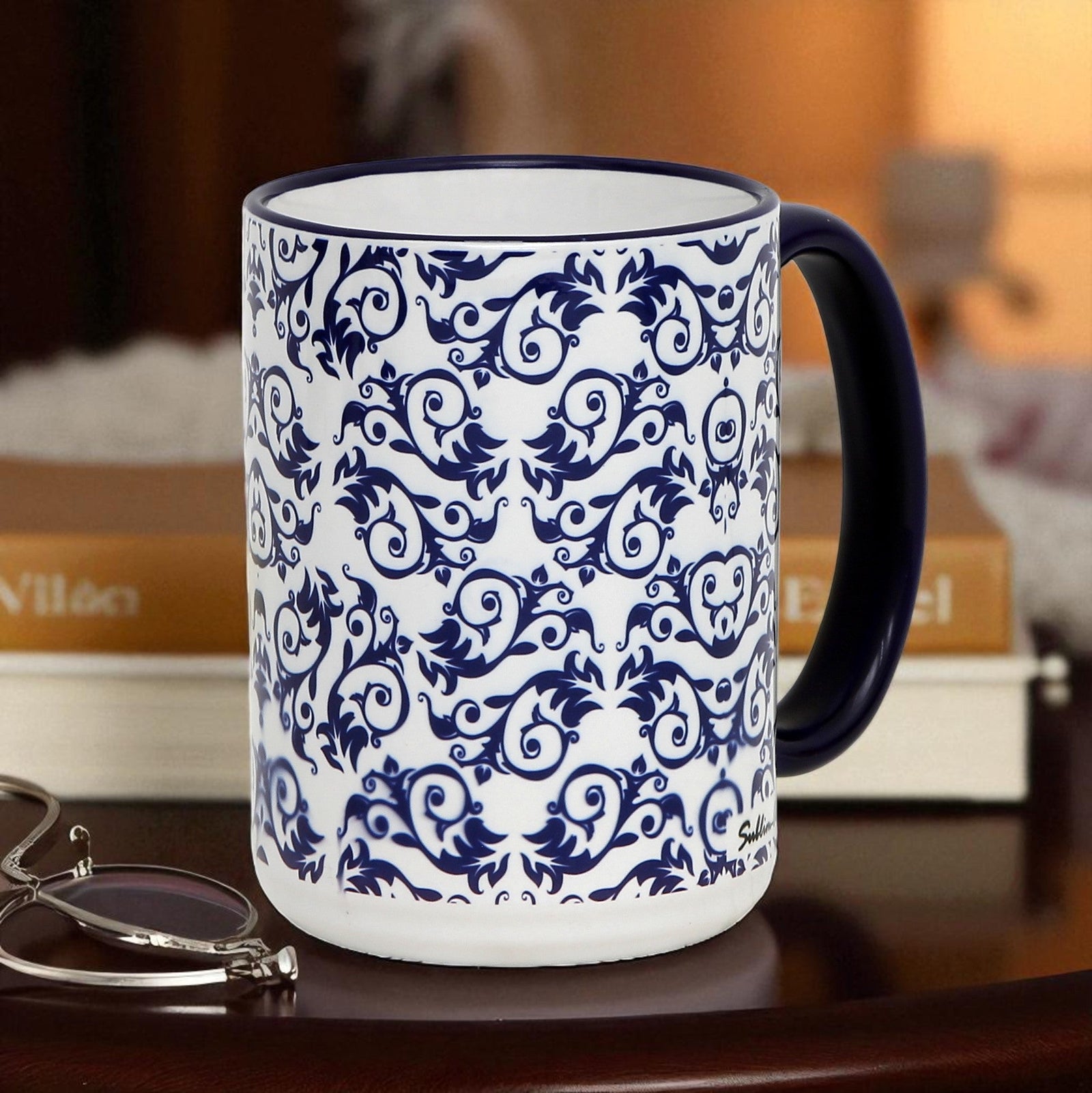 SUBLIMART: Blue and white filigree pattern 15 Oz Porcelain Mug