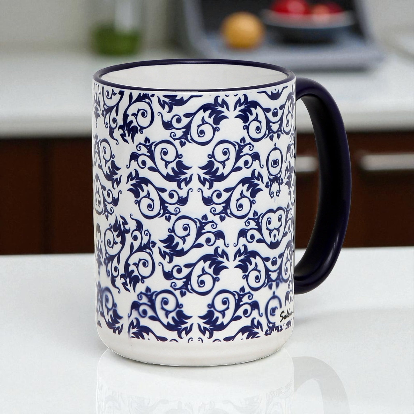 SUBLIMART: Blue and white filigree pattern 15 Oz Porcelain Mug