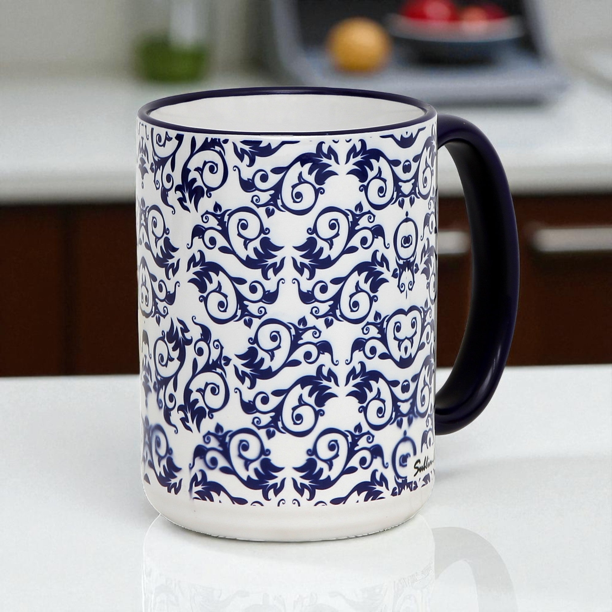 SUBLIMART: Blue and white filigree pattern 15 Oz Porcelain Mug
