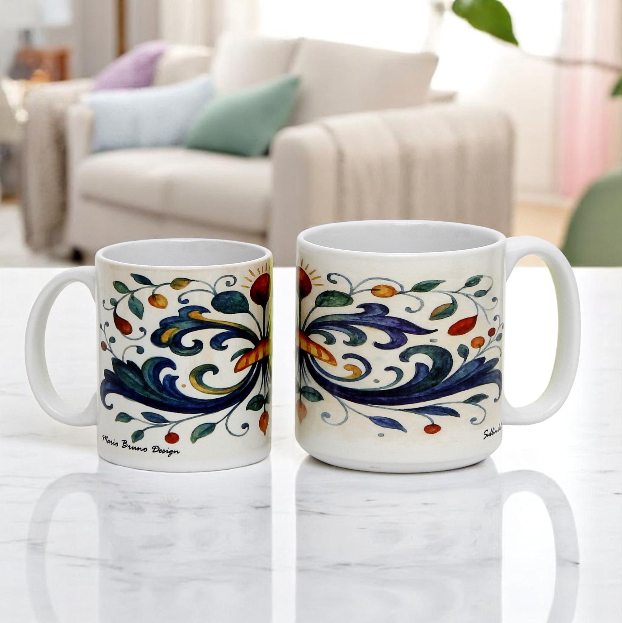 RICCO ITALIA DERUTA: Porcelain mug featuring Ricco Italia Deruta design by Mario Bruno. (11 Oz or 20 Oz)