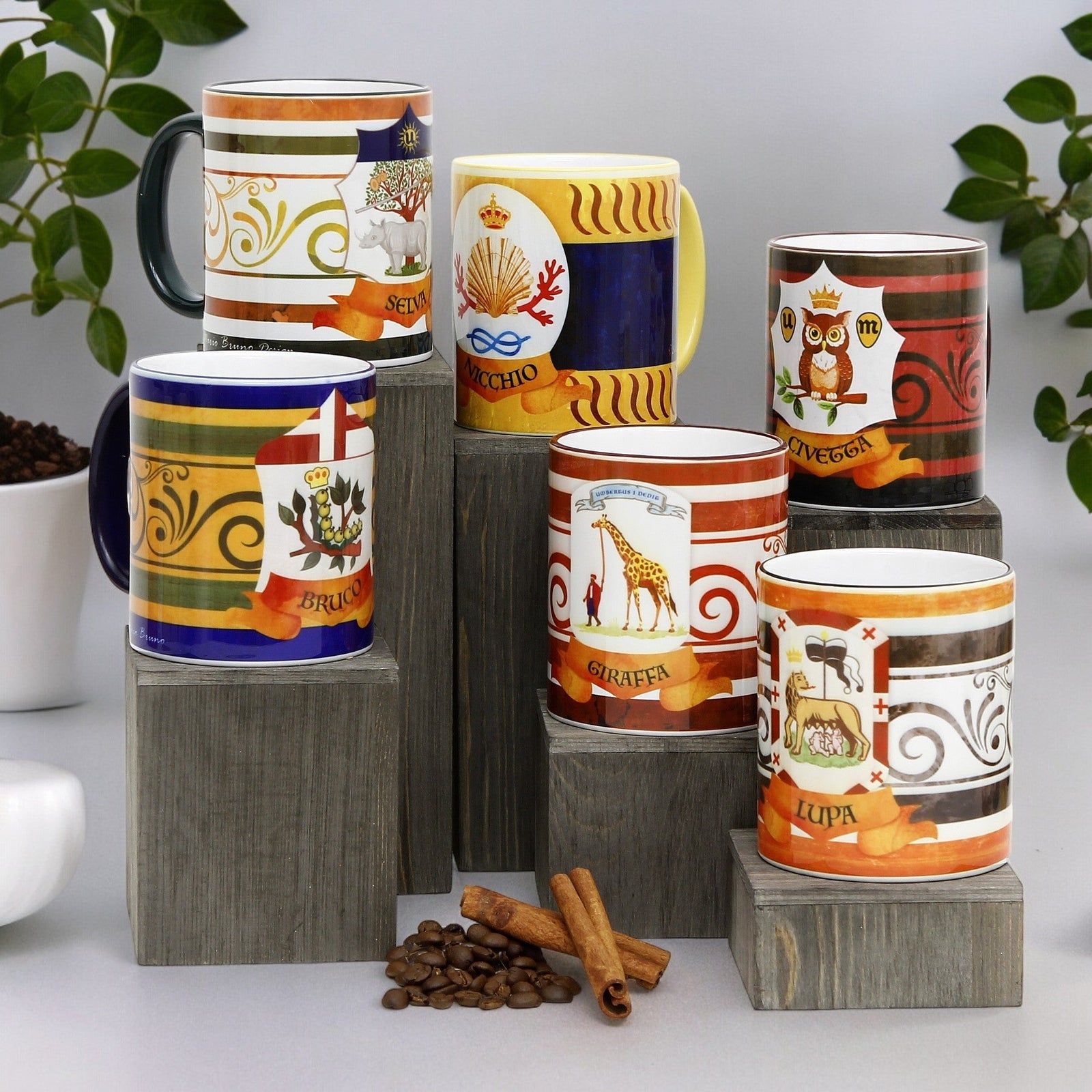 PALIO DI SIENA: Porcelain printed mug Set of 6 bundle: BRUCO+SELVA+NICCHIO+GIRAFFA+LUPA+CIVETTA