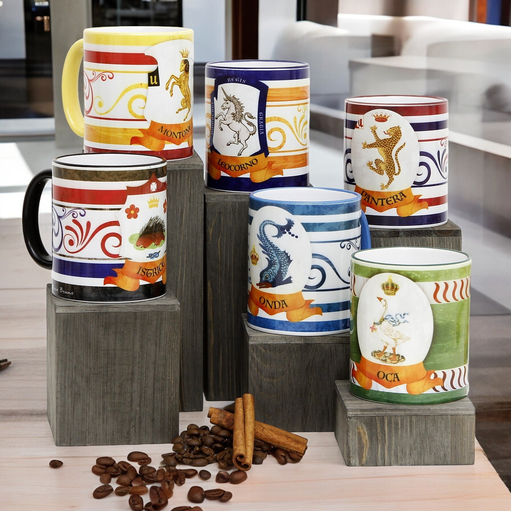 PALIO DI SIENA: Porcelain printed mug Set of 6 bundle: ISTRICE+MONTONE+LEOCORNO+PANTERA+ONDA+OCA