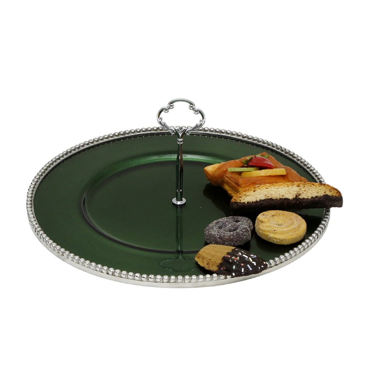 ARTE ITALICA PERLINA: Tid Bit Server Green Glass Tray with Metal rim - Golden or Chrome Oval Metal Handle - tops-selection.shop