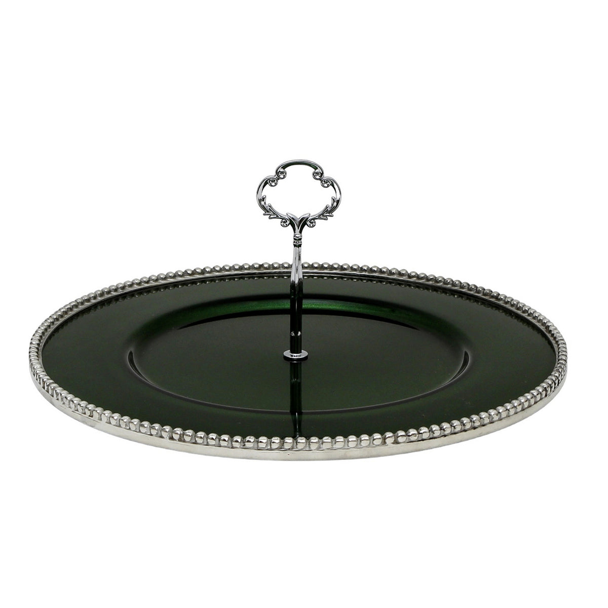ARTE ITALICA PERLINA: Tid Bit Server Green Glass Tray with Metal rim - Golden or Chrome Oval Metal Handle - tops-selection.shop