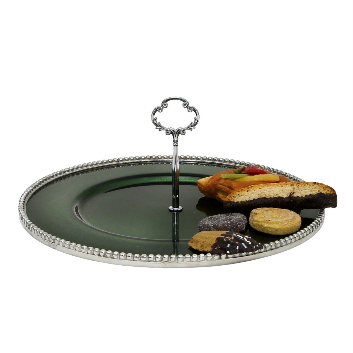ARTE ITALICA PERLINA: Tid Bit Server Green Glass Tray with Metal rim - Golden or Chrome Oval Metal Handle - tops-selection.shop