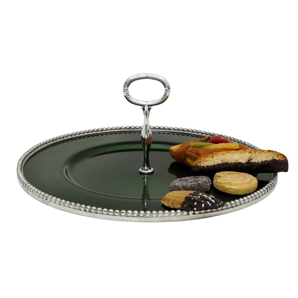 ARTE ITALICA PERLINA: Tid Bit Server Green Glass Tray with Metal rim - Golden or Chrome Oval Metal Handle - tops-selection.shop