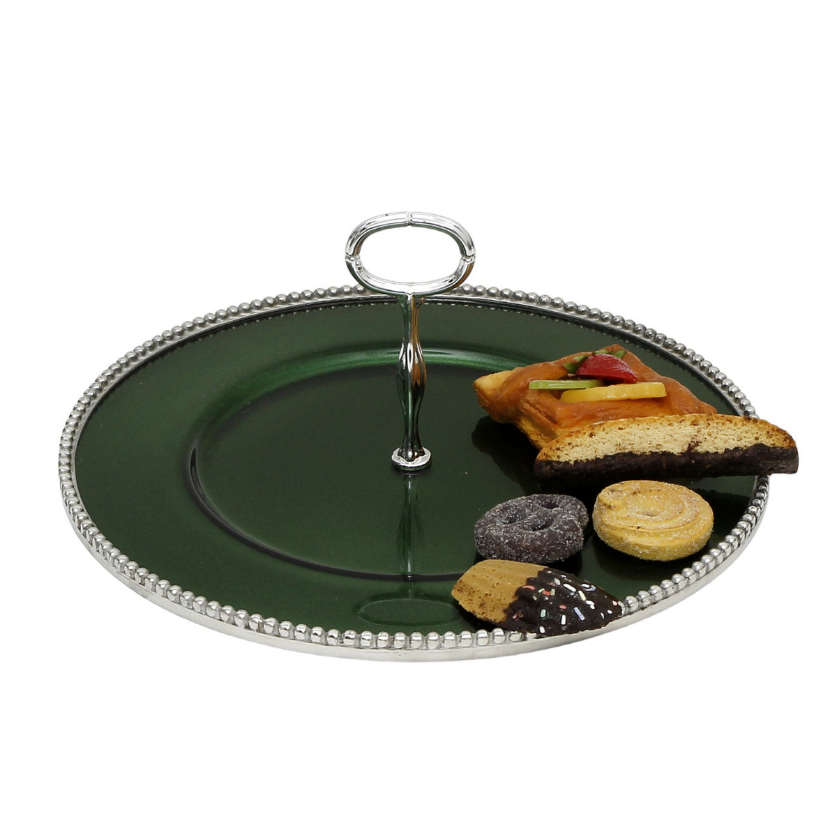 ARTE ITALICA PERLINA: Tid Bit Server Green Glass Tray with Metal rim - Golden or Chrome Oval Metal Handle - tops-selection.shop
