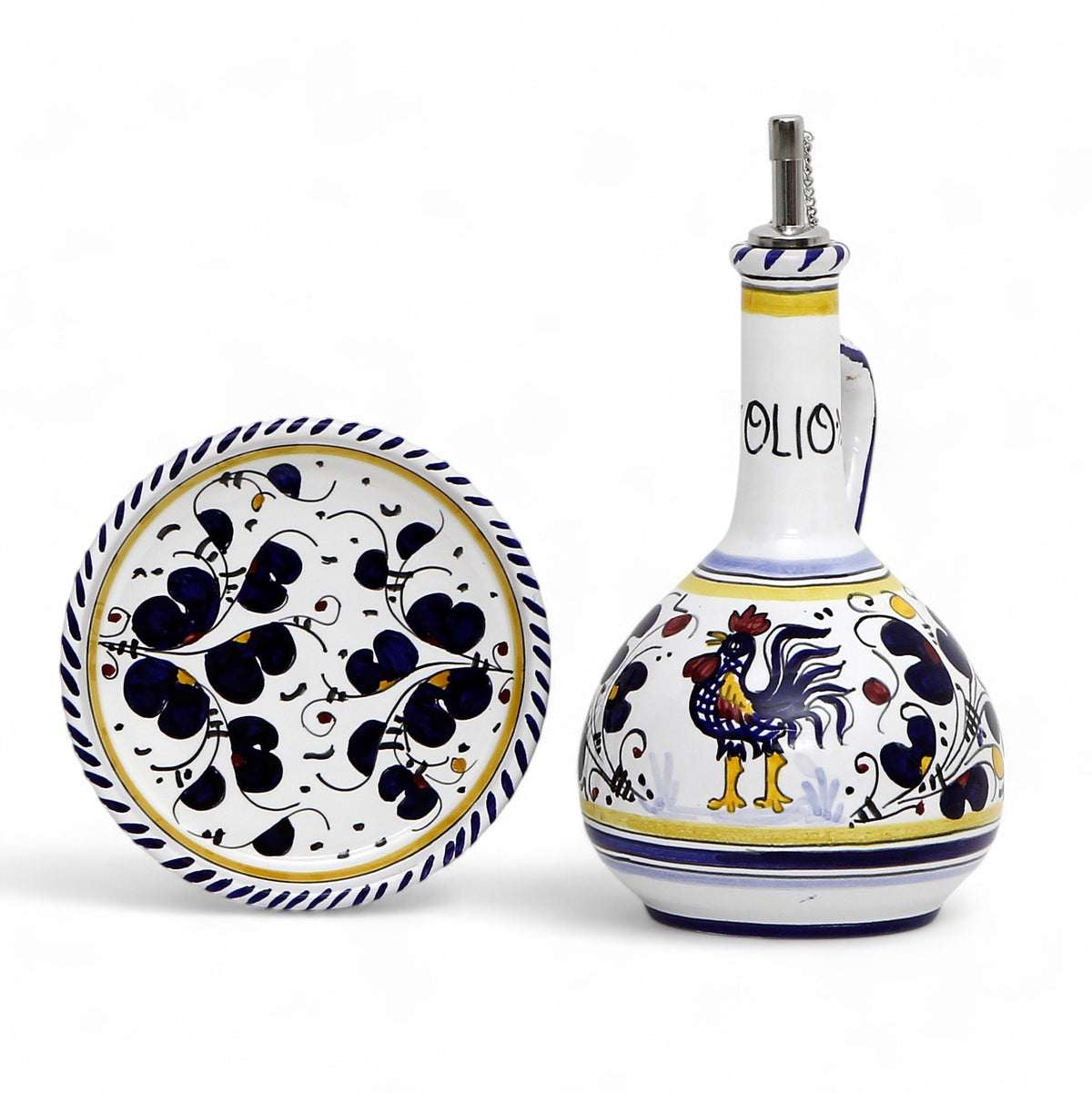 ORVIETO BLUE ROOSTER: Olive Oil Bottle Dispenser Deluxe with Dipping Bowl Tray