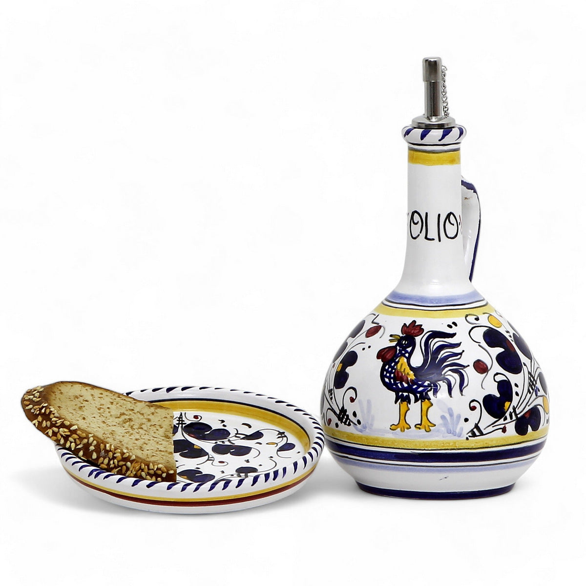 ORVIETO BLUE ROOSTER: Olive Oil Bottle Dispenser Deluxe with Dipping Bowl Tray